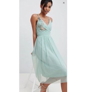 Aqua Blue Tulle Midi Dress with Floral Appliqué